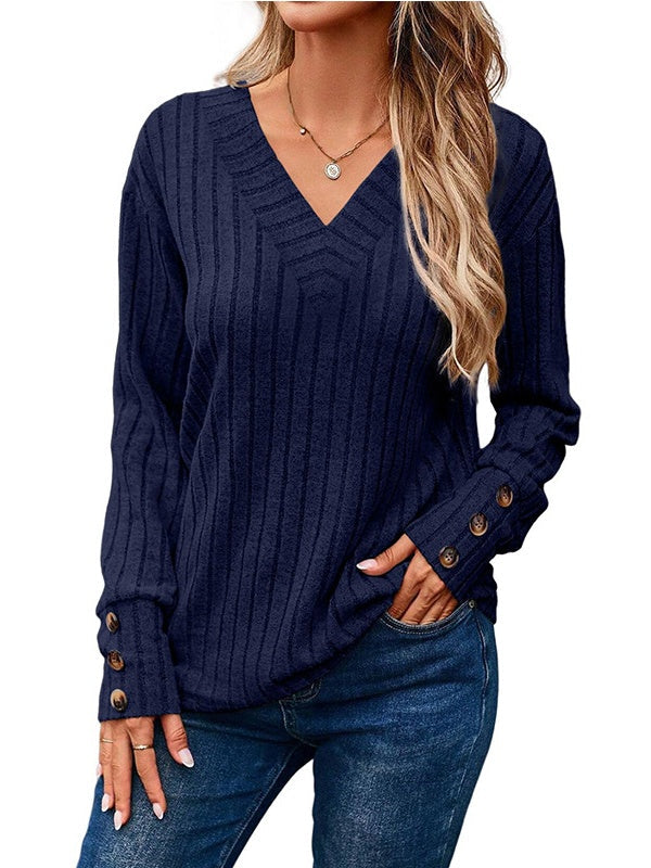 Long Sleeve V Collar Buttons Solid Color T-shirts