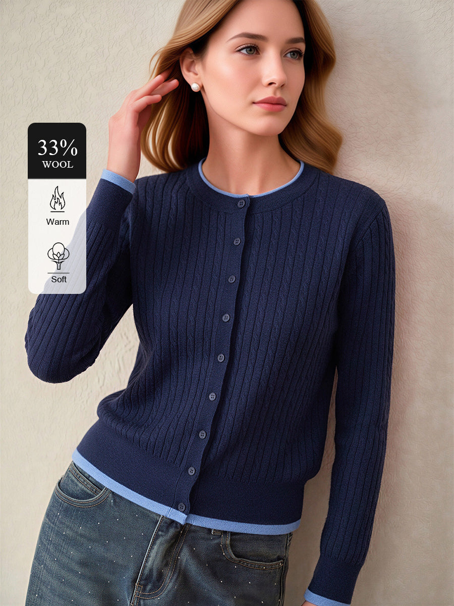 Wool-Blend Cable-Knit Cardigan with Contrast Hem