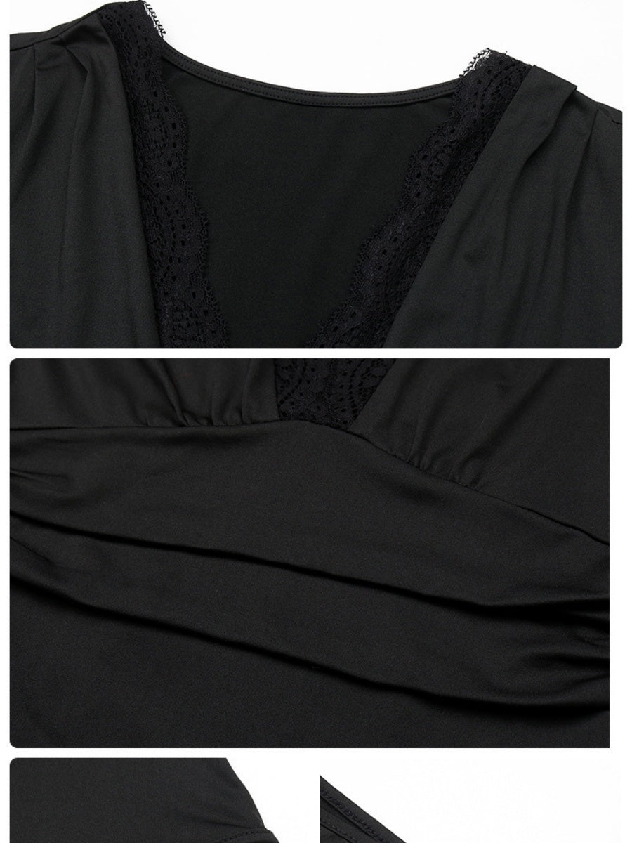 Elegant Long-sleeved Fitted Dress With Lace Trim Lace Jumpsuits&Bodysuits