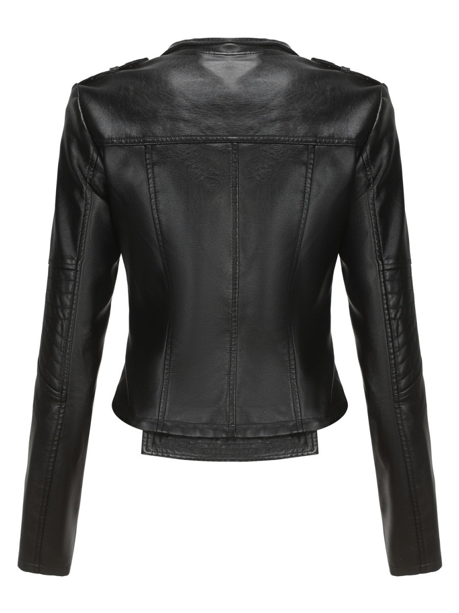 Studs Short Stand Collar Zipper Leather Jacket