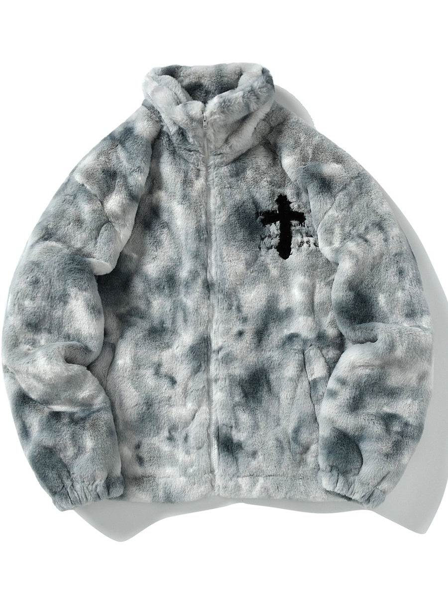 Tie-dye Gradient Cross Stitch Lambskin Faux Rabbit Fur Coat