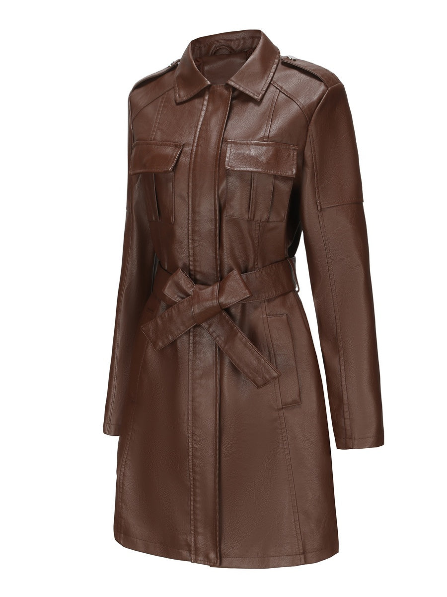 Mid-length Pu Pocket Trench Coats