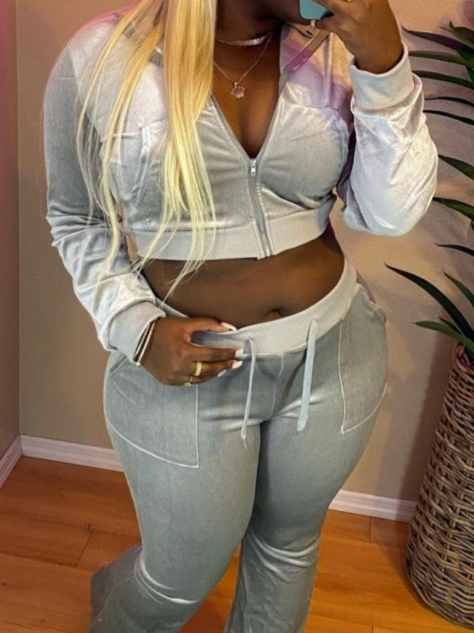 Velvet Splicing Sexy Long-sleeved Casual Navel-baring Top 2-piece Sets
