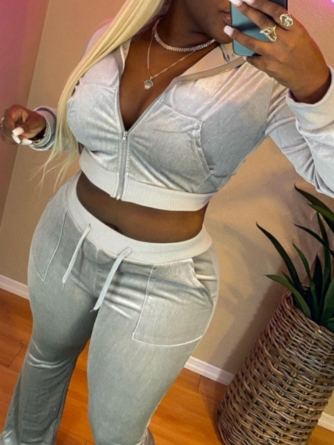 Velvet Splicing Sexy Long-sleeved Casual Navel-baring Top 2-piece Sets