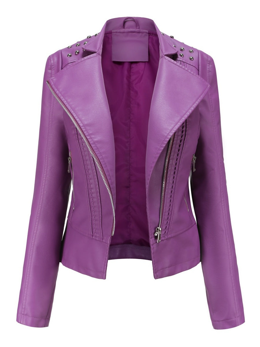 Cropped Zipper Pu Beading Jackets