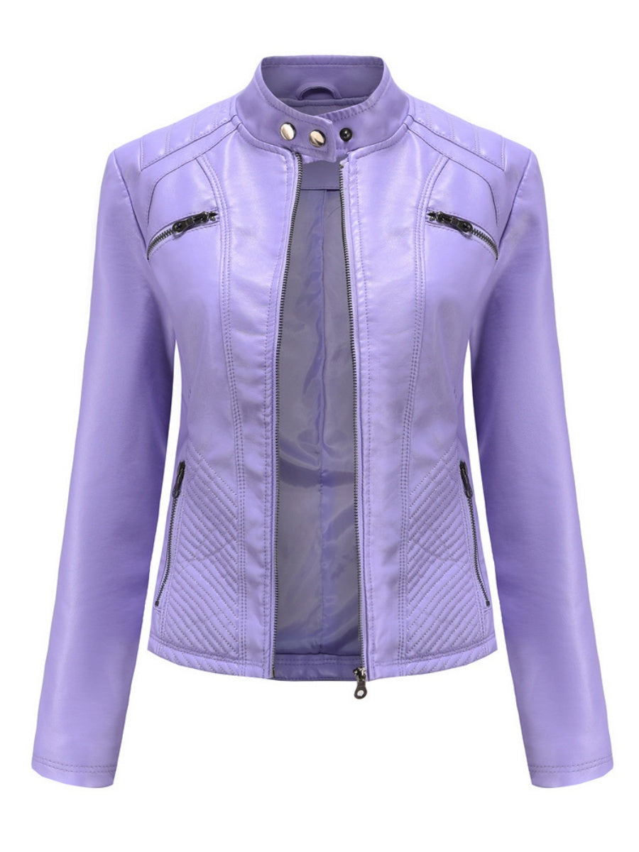 Three-dimensional Decoration Stand Collar Slim Fit Leather Jacket