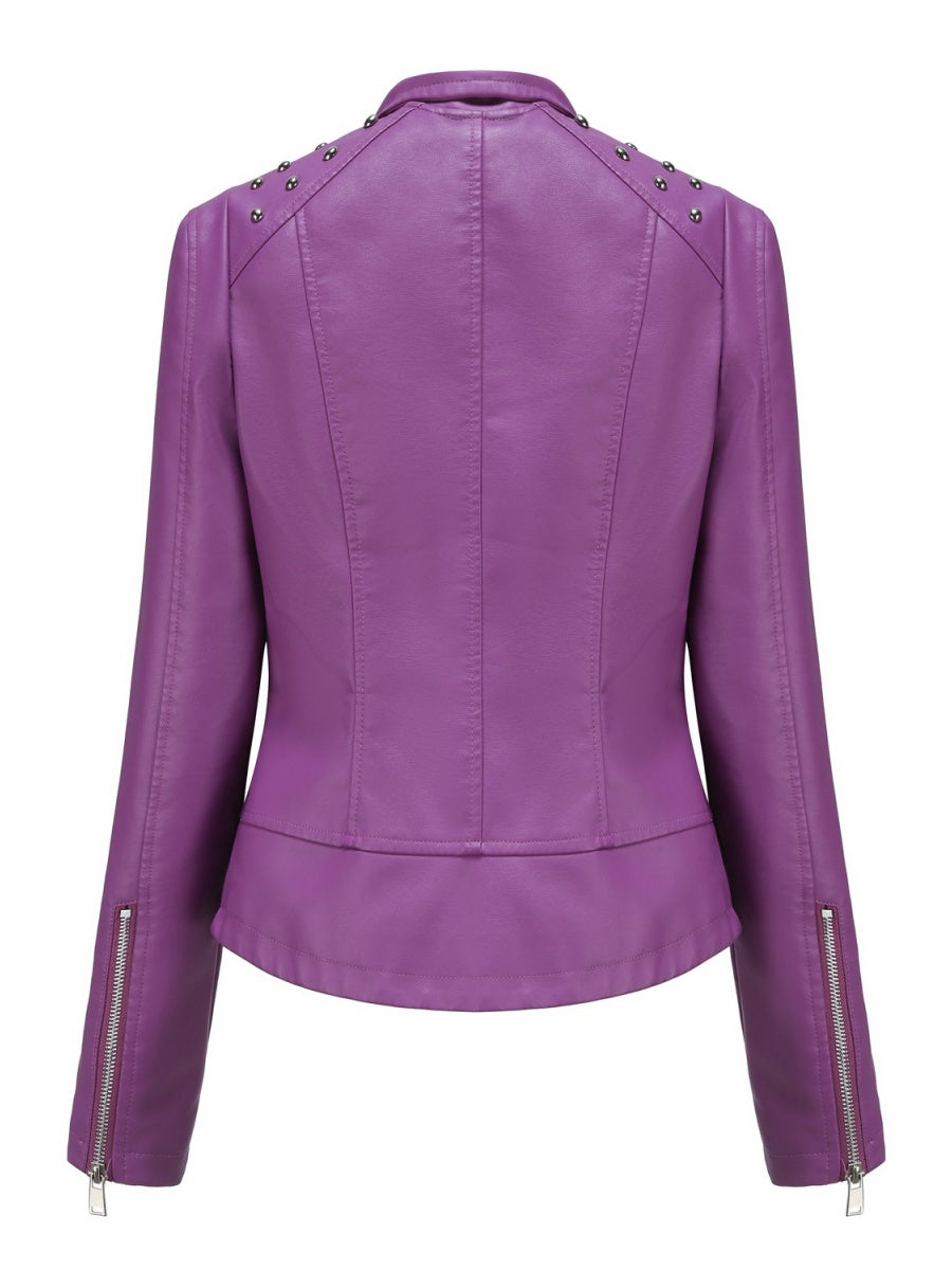 Cropped Zipper Pu Beading Jackets