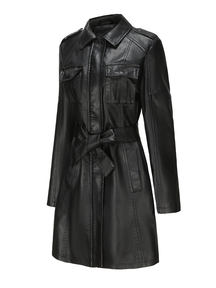 Mid-length Pu Pocket Trench Coats
