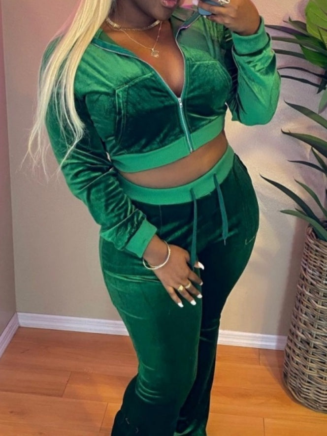 Velvet Splicing Sexy Long-sleeved Casual Navel-baring Top 2-piece Sets