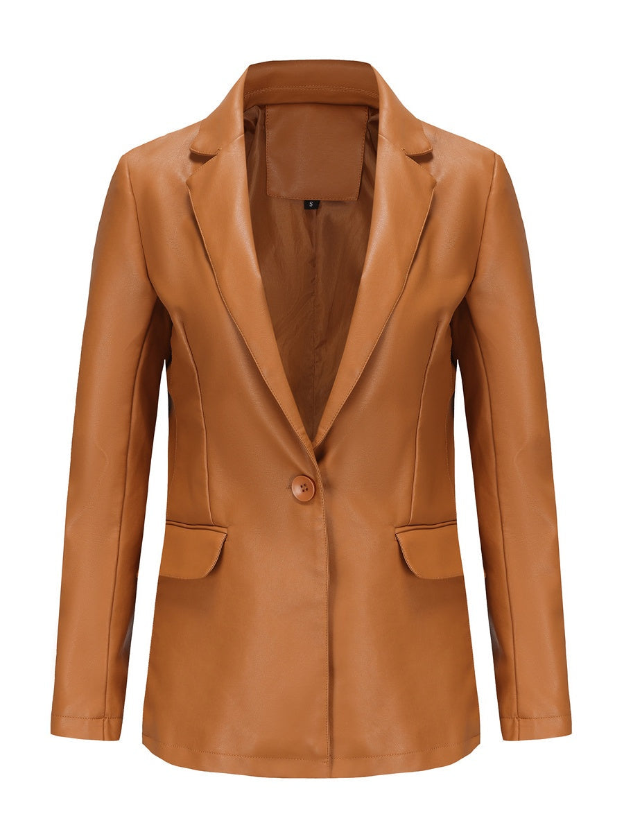 Single Button Pocket Solid Color Leather Jacket
