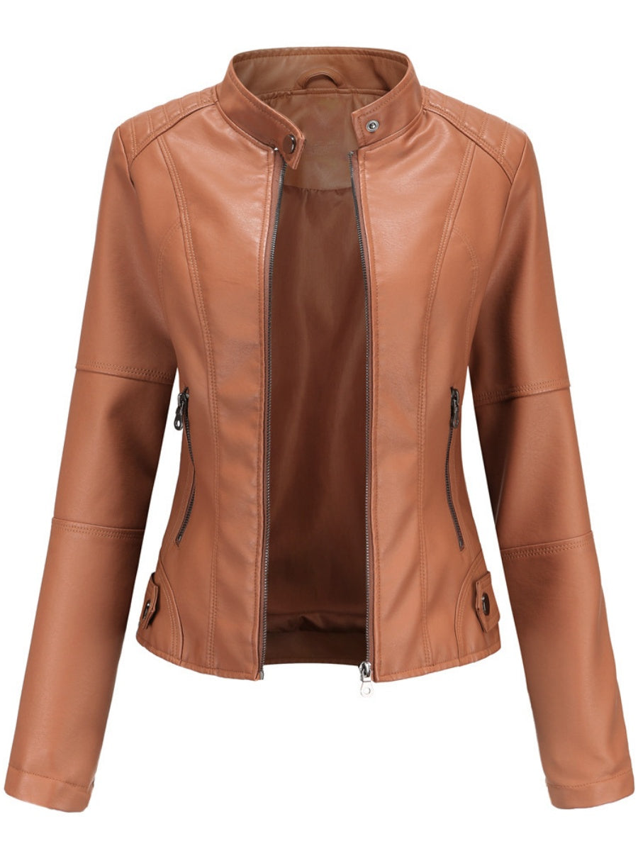 Veste en cuir à col montant et fermeture éclair, style urbain décontracté
