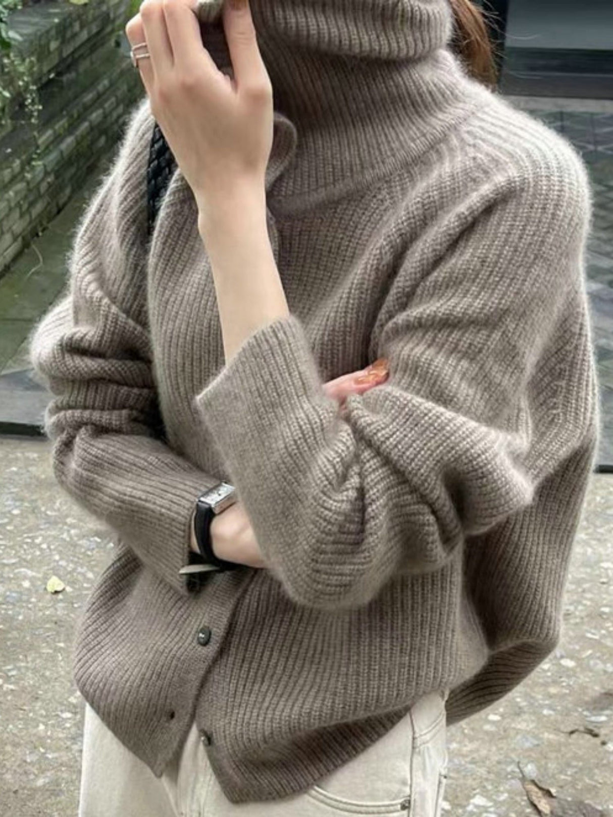 Liber Stand-up Collar Buttons Fine Pitting Solid Color Cardigans