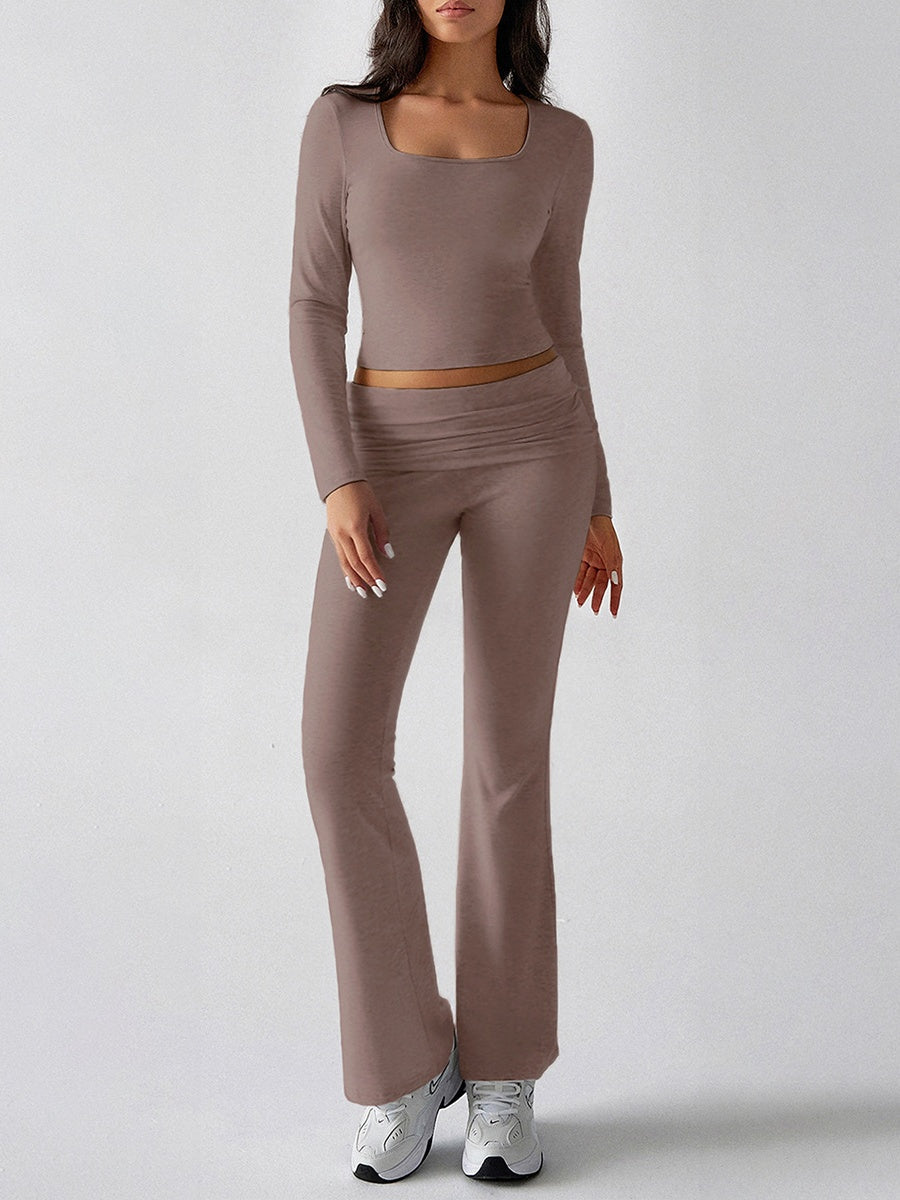 Leisure Navel Solid Color Long-sleeved Two-piece Suit