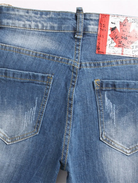 Punk Jeans Blue Hole Slim Fit With Patch Embroidery Mid-rise Jeans