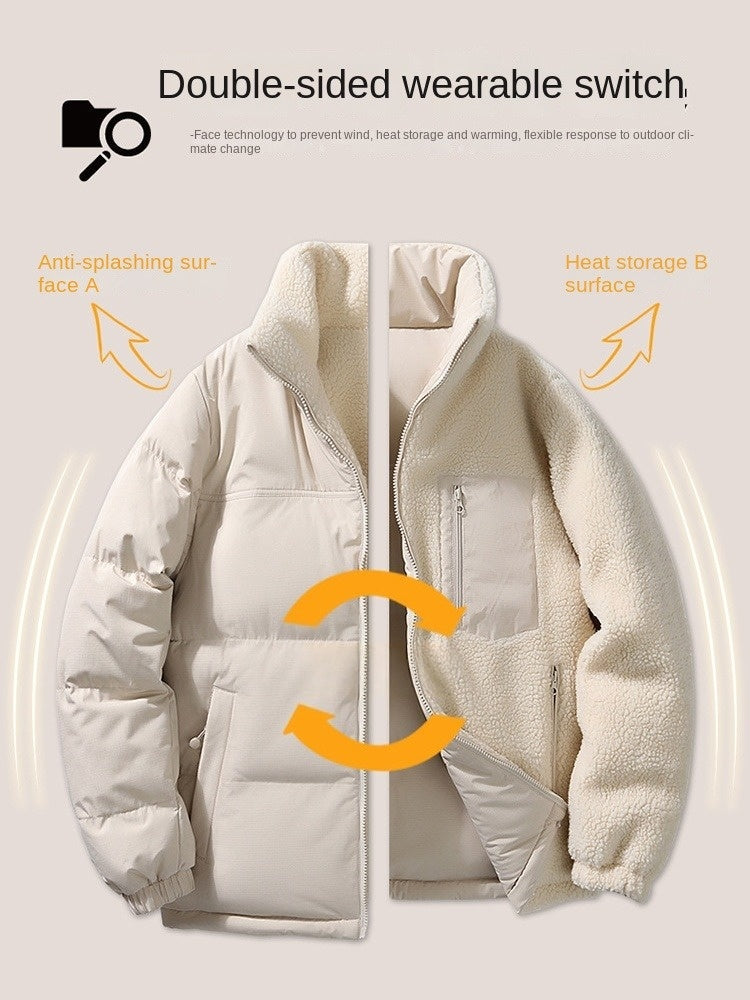 Stand Collar Color-blocked Reversible Lamb Wool Jackets