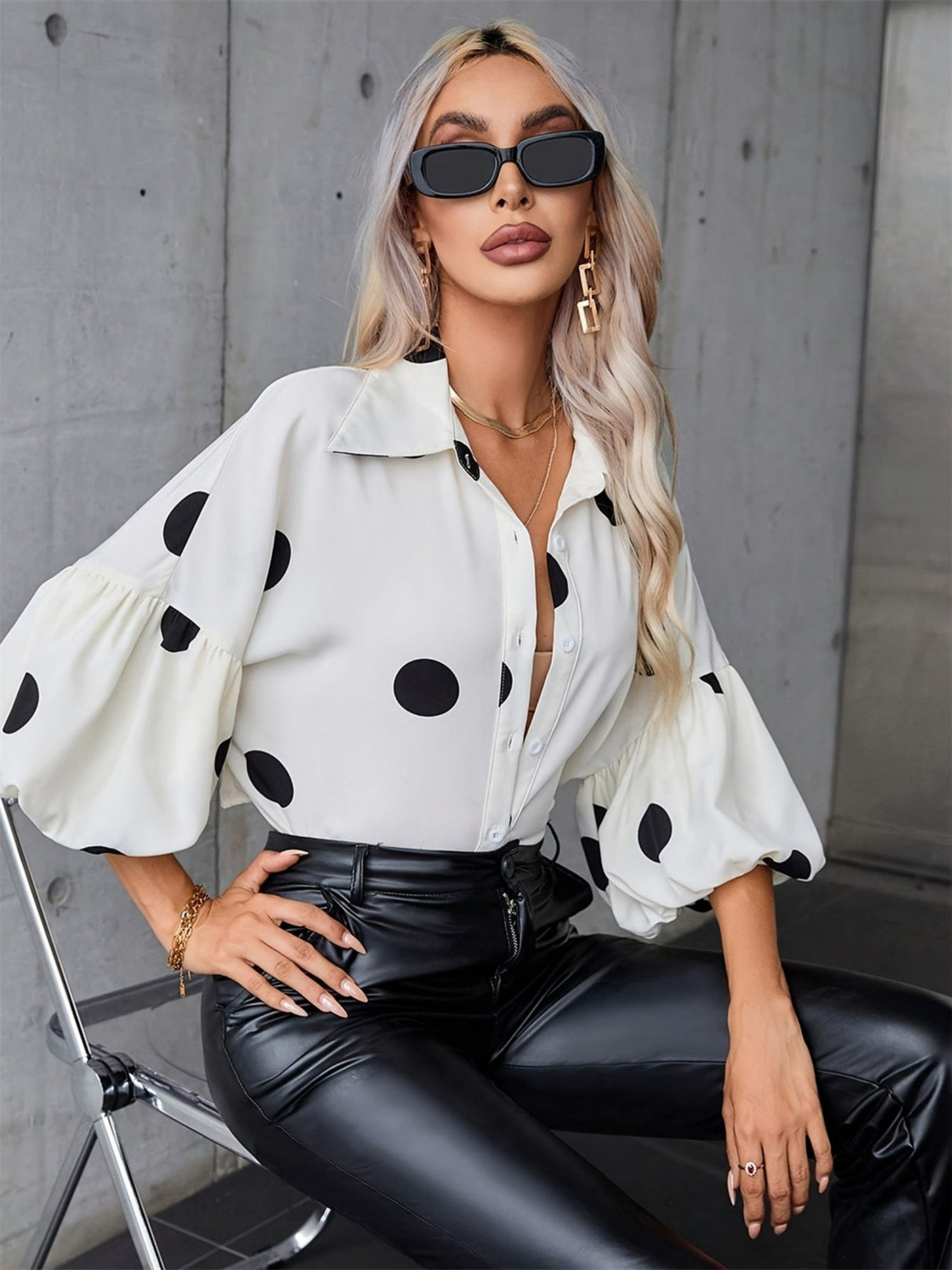Polka Dots Splicing Balloon Sleeve Blouse