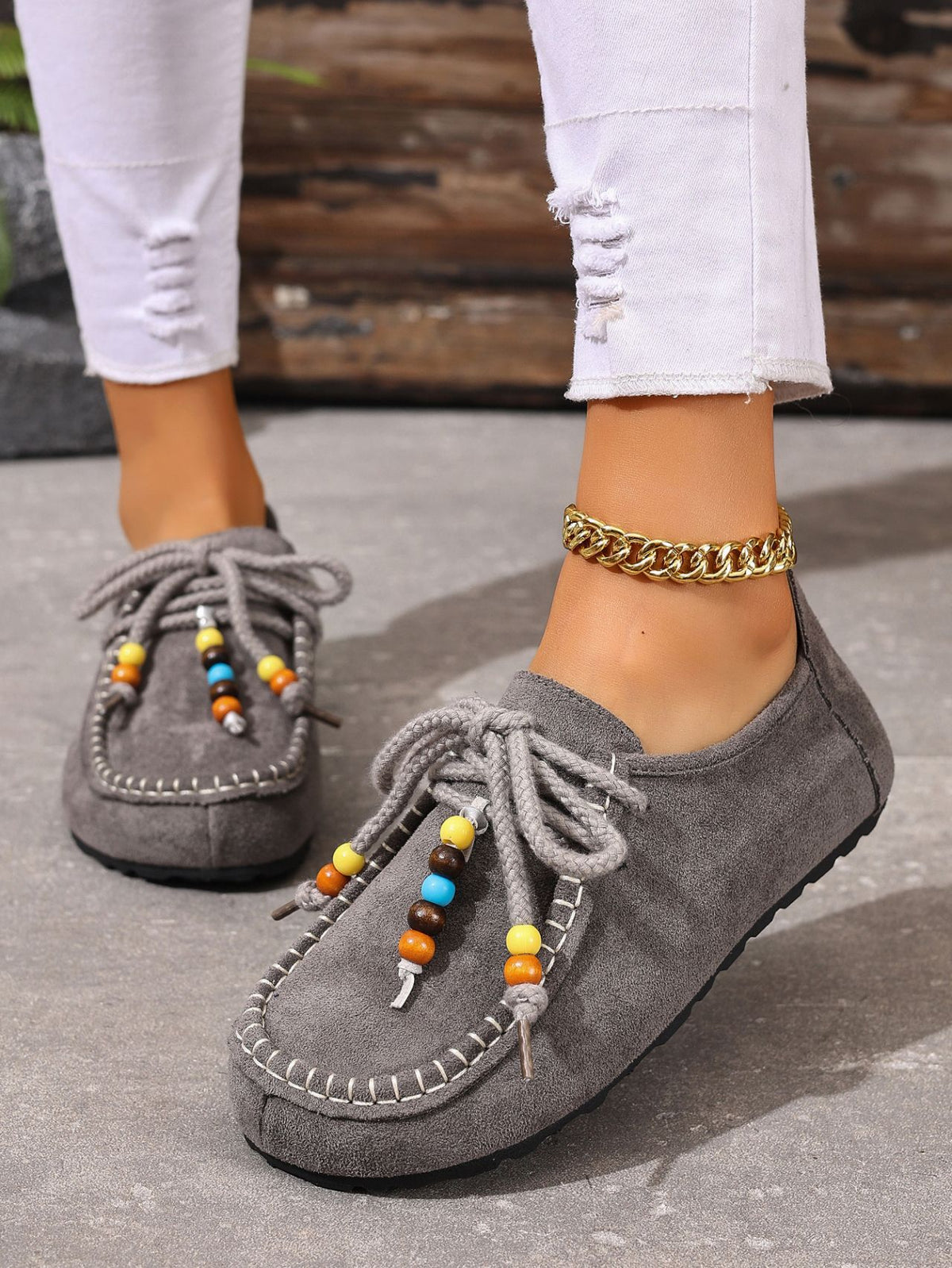 Lace-up Beaded Casual Suede Retro Round Toe Flat Shoes