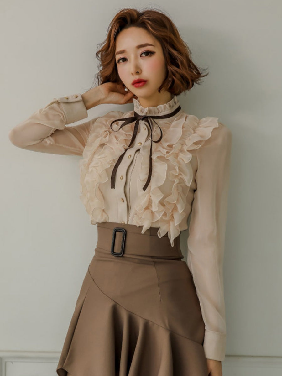 Elegant Two-piece Set: Stand-up Collar Sheer Blouse And Ruffled Skirt.
