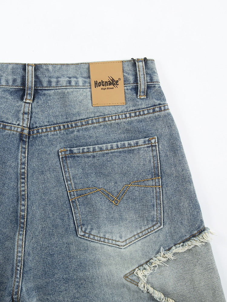 Five-pointed Star Patchwork Loose-fit Straight-fit Denim Mid-length Pants Shorts