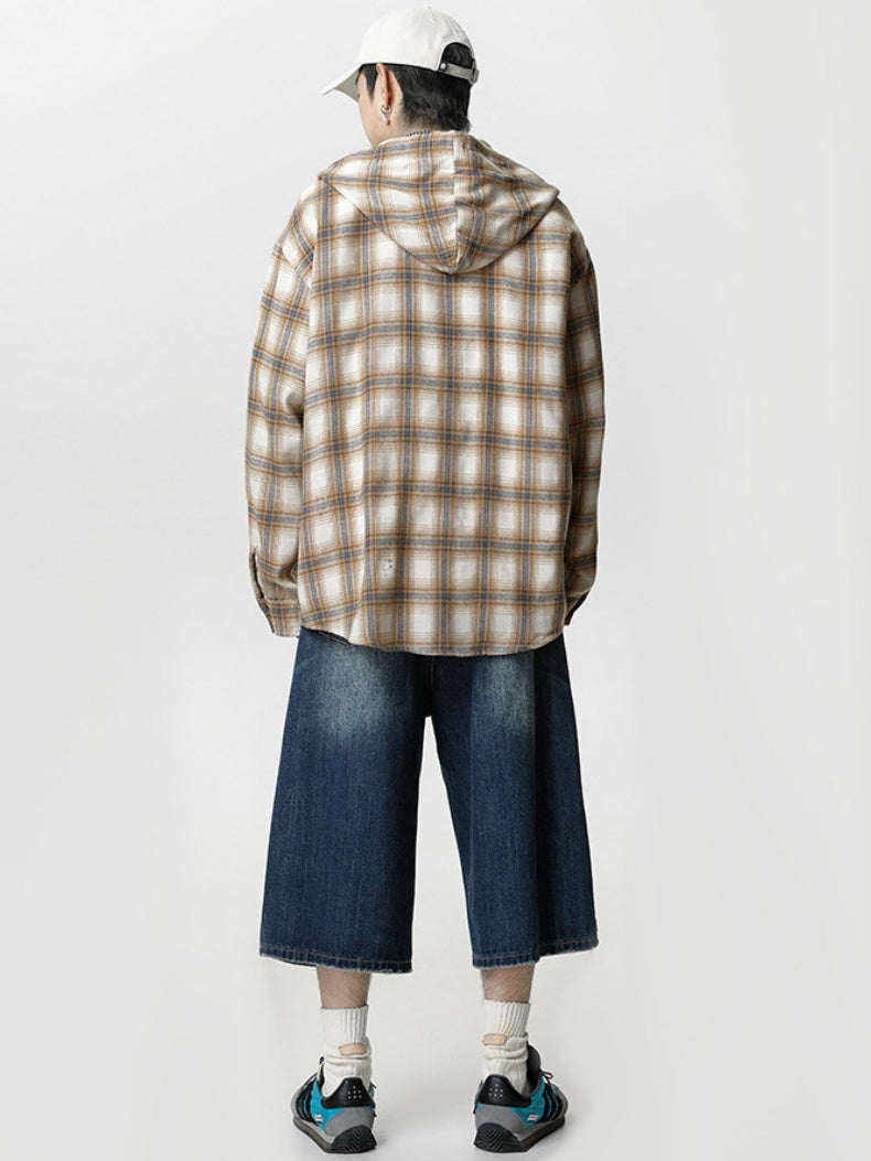 Color-blocked Plaid Hooded Shirt