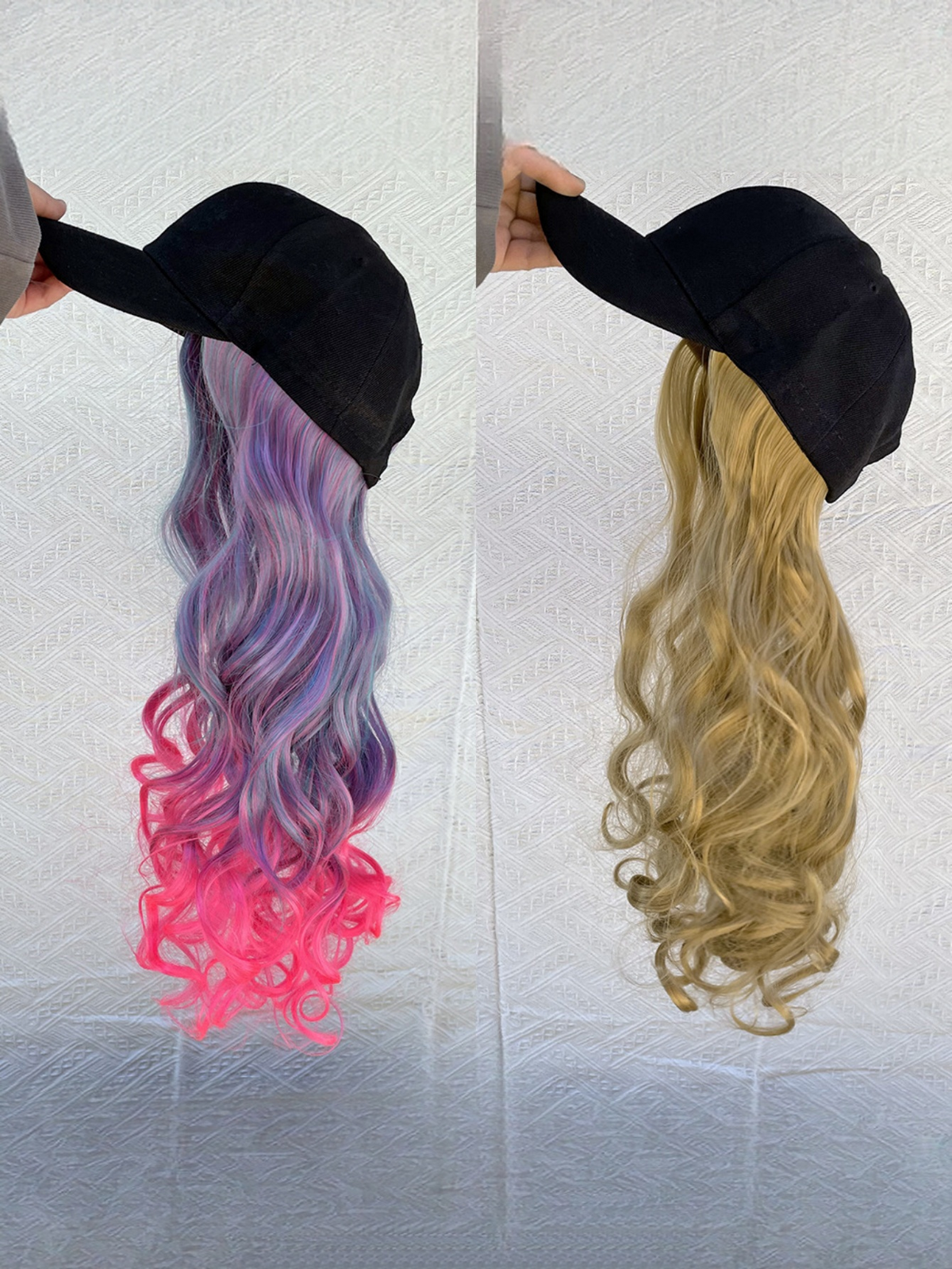 One-piece Baseball Cap Long Wavy Curls Synthetic Colored Wig