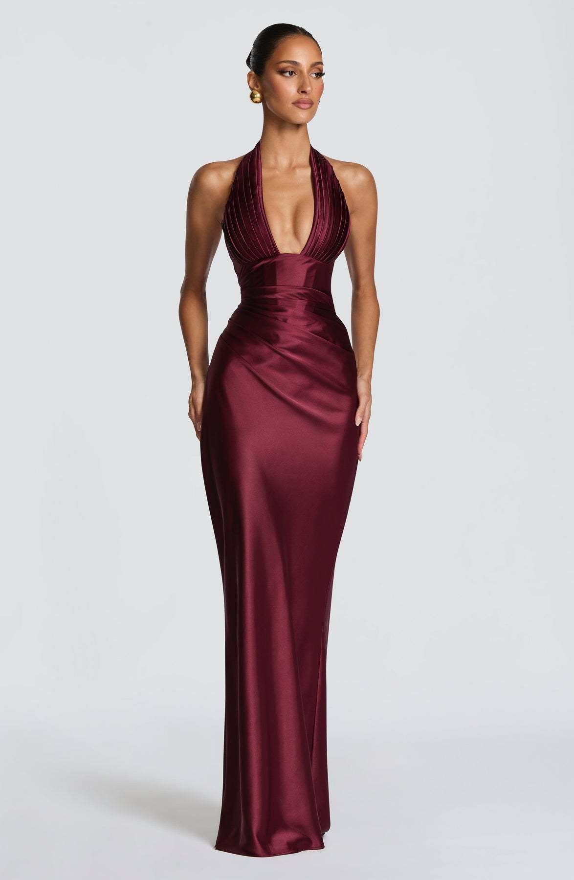 Halter Neck Deep V Long Dress With Pleats And Laces, Sexy Off-shoulder Design Maxi Dresses