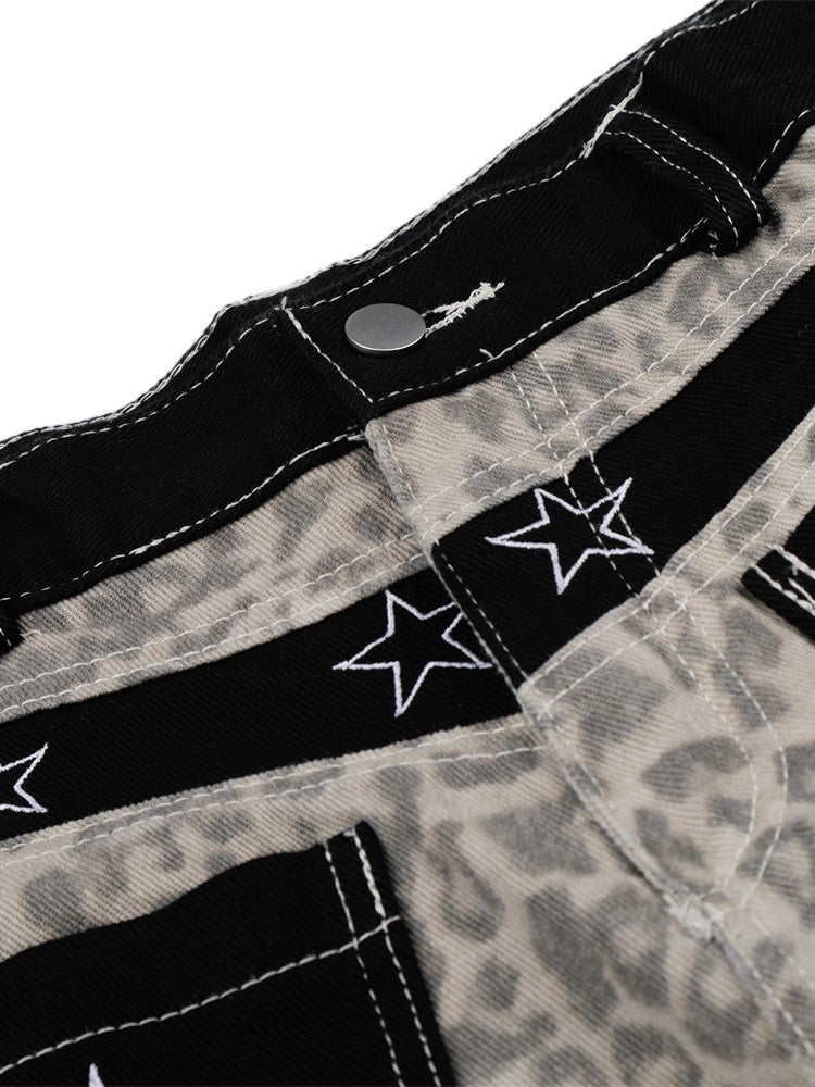 Retro Leopard Print Work Clothes Color-blocked Embroidery 7 Points Jeans