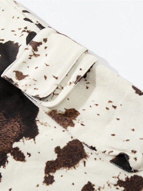 Color-blocked Cow Print Tie-dye Camouflage Denim 7 Points Shorts