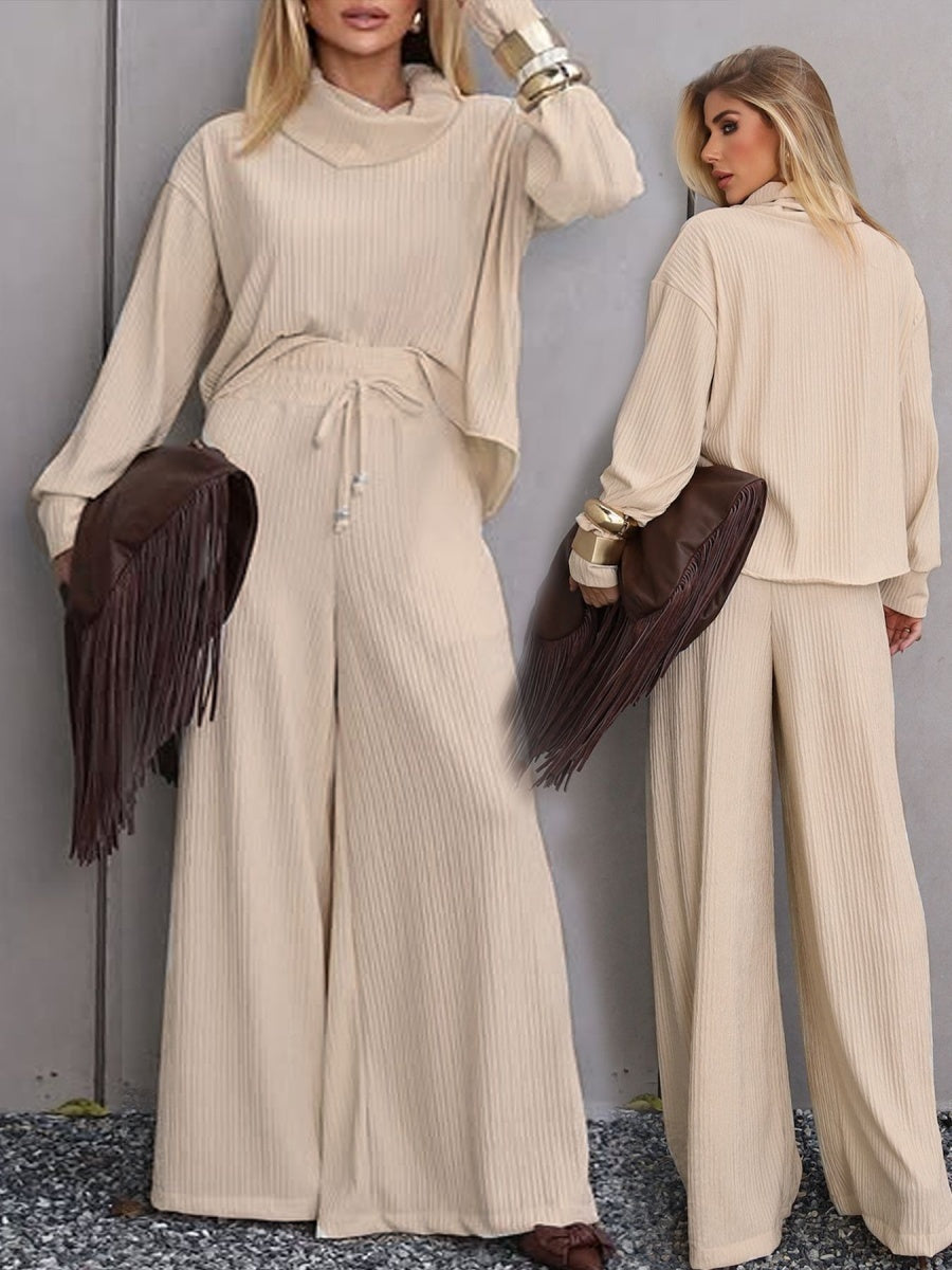 Blended Loose Jacquard Stand Collar Long Sleeves Two-piece Straight-leg Trousers