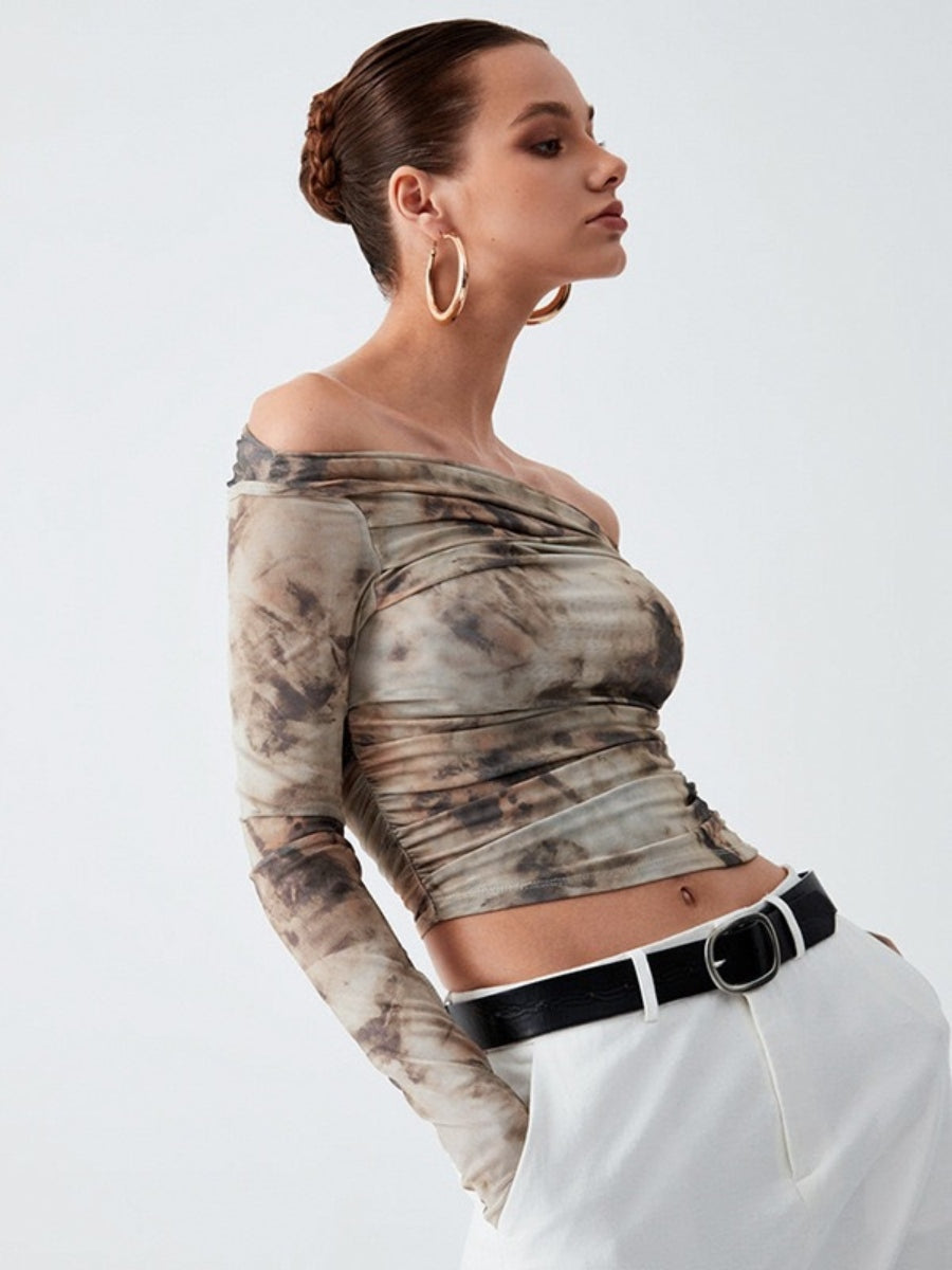 3D Printed Cropped Slim Fit T-Shirt, Retro Sexy Off-Shoulder Pleated Top