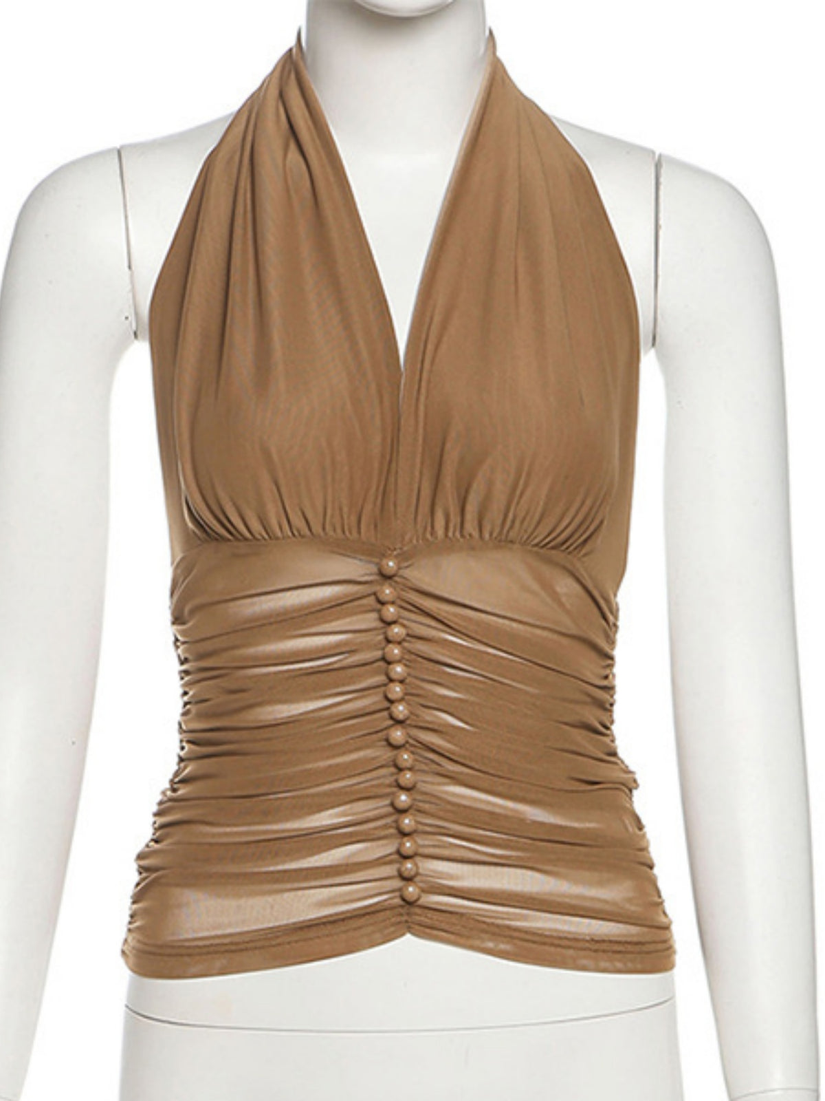 Mesh Pleats V-neck Halter Neck Backless Tank Tops