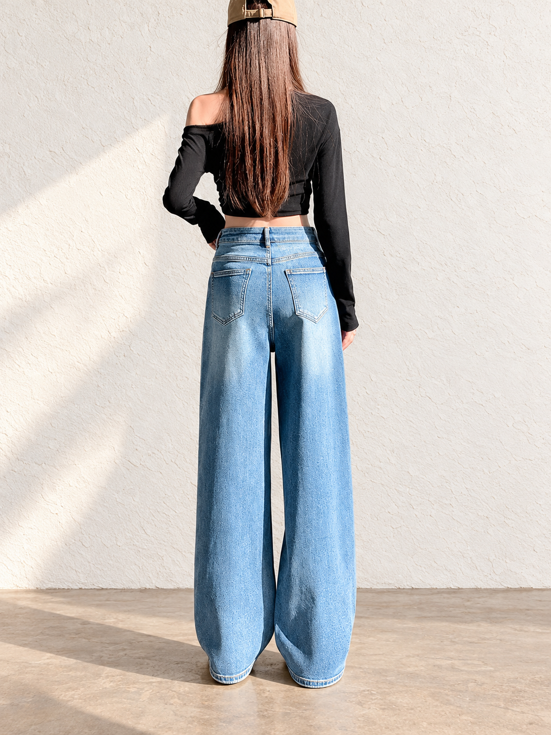 Autumn/Winter Women's Blue Whisker Pattern Jeans With Rhinestones