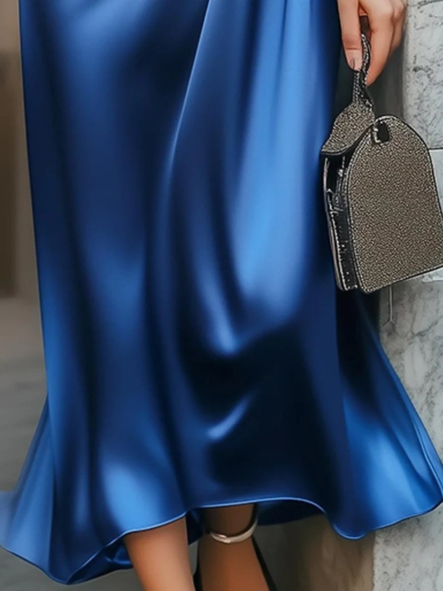 Maxikleider aus Satin mit V-Ausschnitt, kurzen Ärmeln und einfarbigem Design