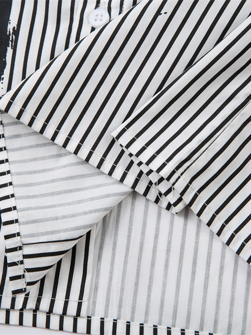 Fake Two Pieces Vertical Stripe Dark Graffiti Ink Prints Paneled Long-sleeved Shirt