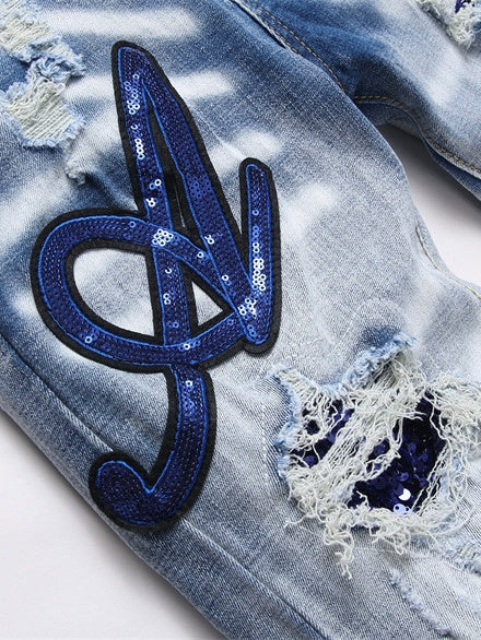 Punk Blue Heavy Craftsmanship Slim Stretch Ripped Patch Skinny Jeans