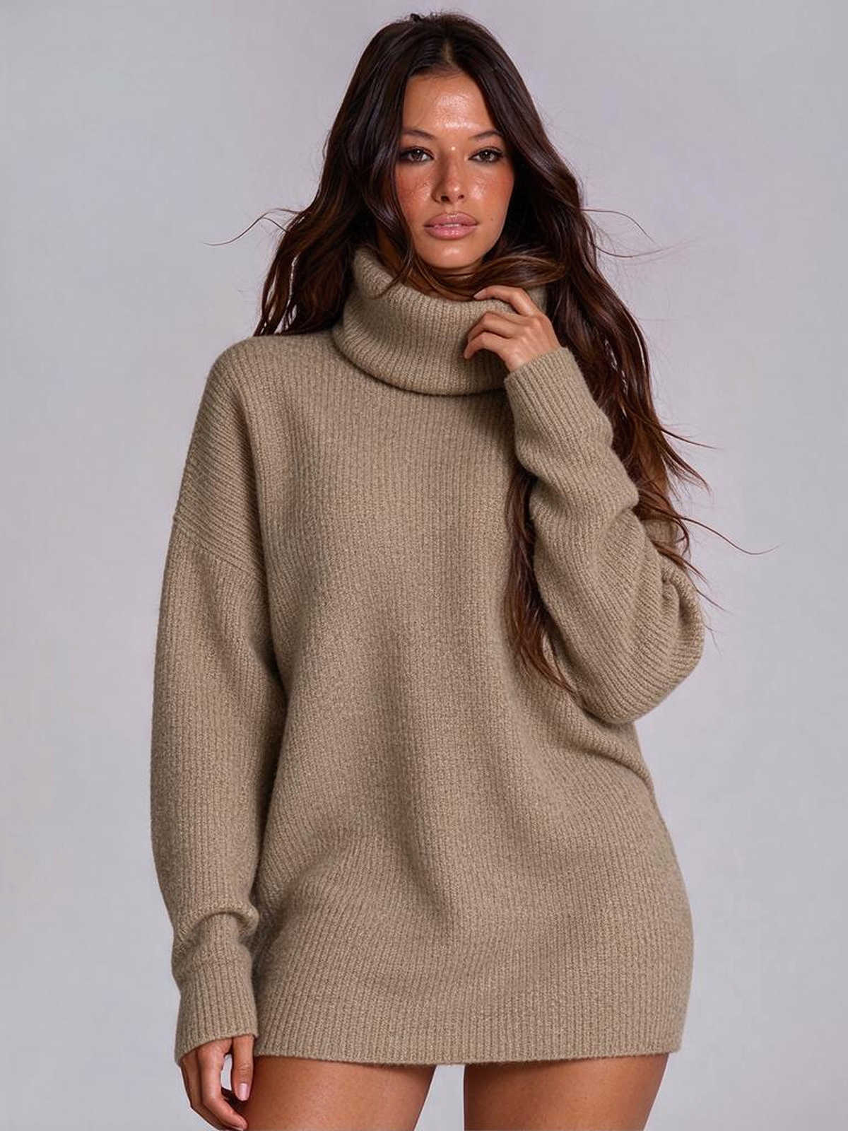 New Autumn/winter Women's High-neck Long-sleeved Knitted Long Sweater Top