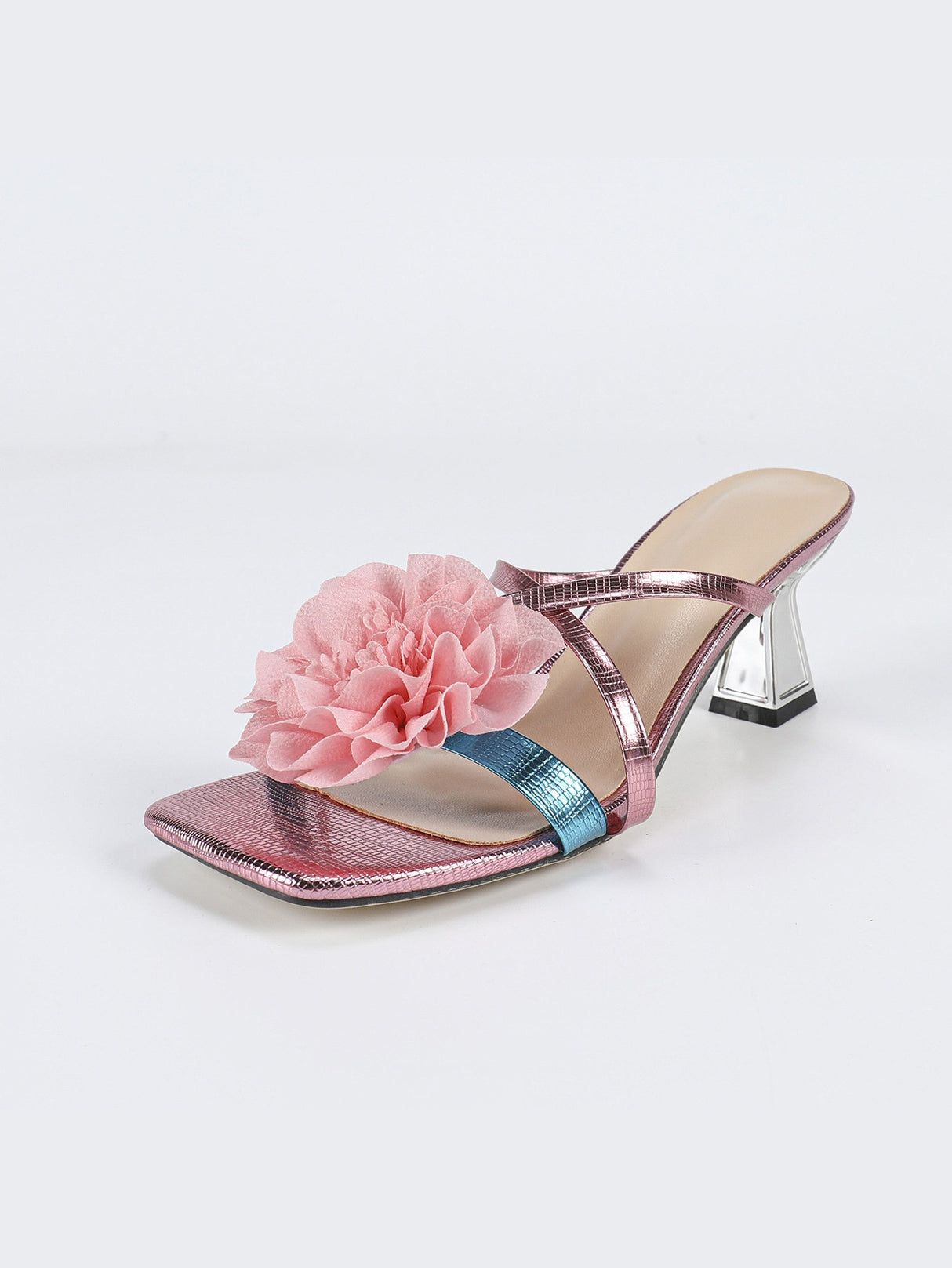 3D Floral Iridescent Square-toe High-heeled Sandals