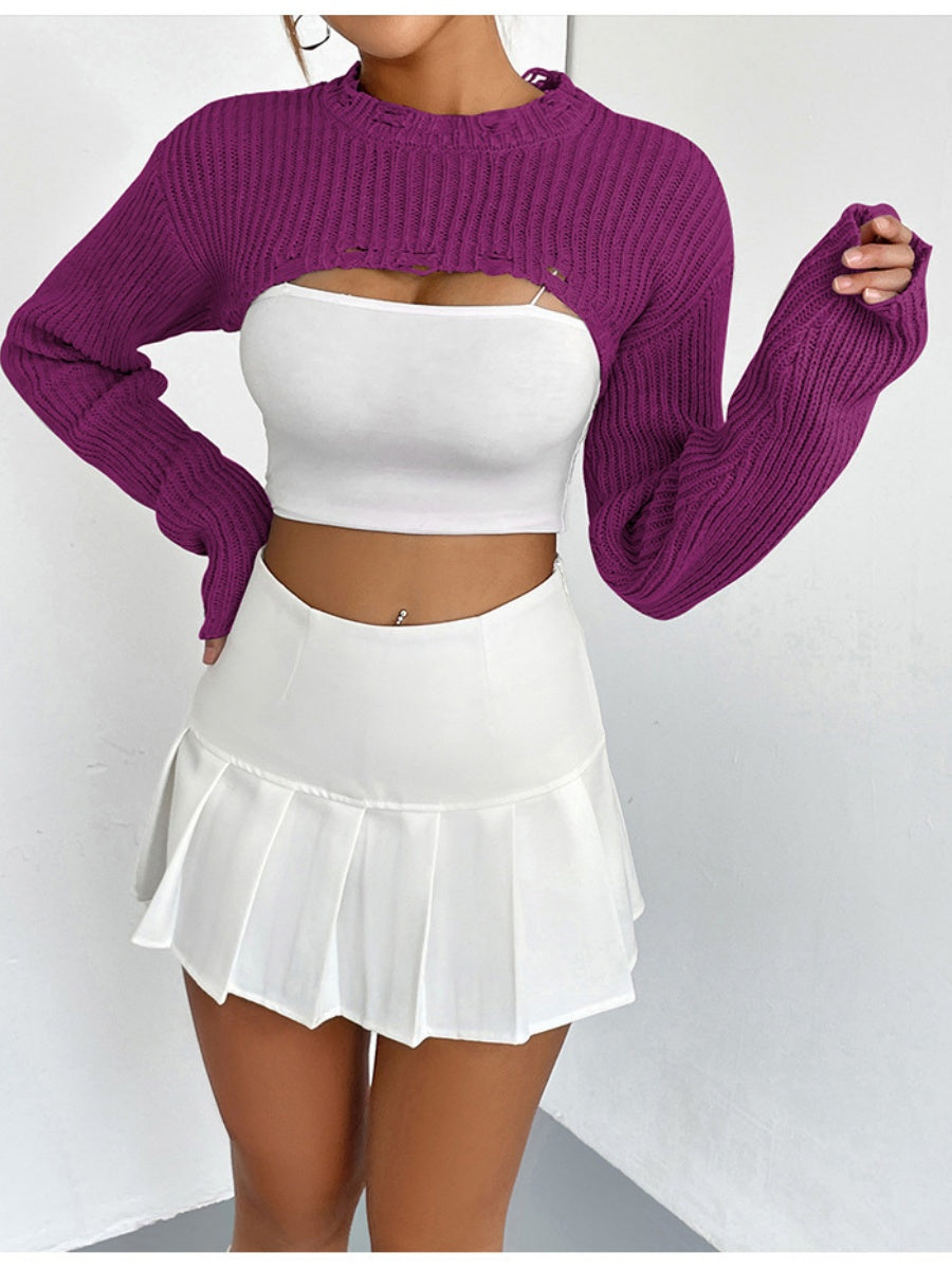 Liber Autumn women's knitted ripped short pullover mesh see-through top