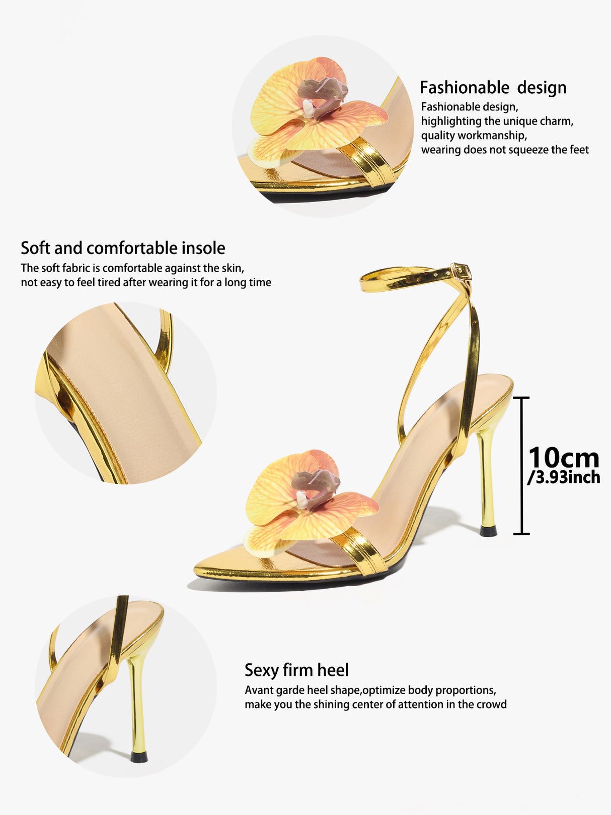 3D Floral Gold High-heeled Sandals