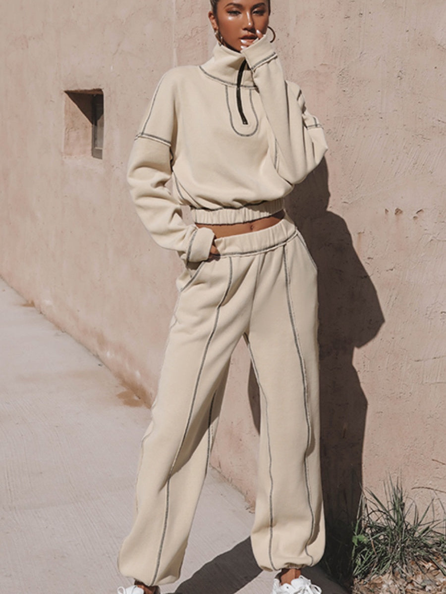 Liber Autumn women's solid color zipper pullover Long sleeve two piece sweatshirt