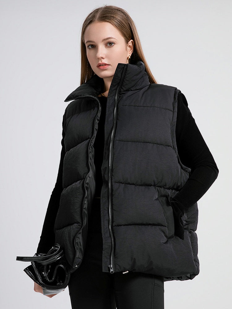 Stand Collar Sleeveless Zipper Pocket Warm Loose Mid-length Down Cotton Vest Jacket