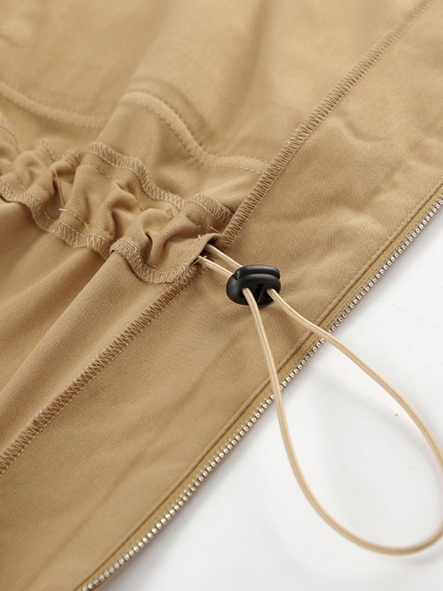 Regular Large Pockets Zipper Paneled Collar Trench Coat