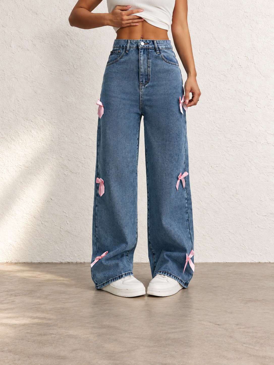 Women's Autumn/Winter High-Waisted Wide-Leg Jeans With Bow Decoration
