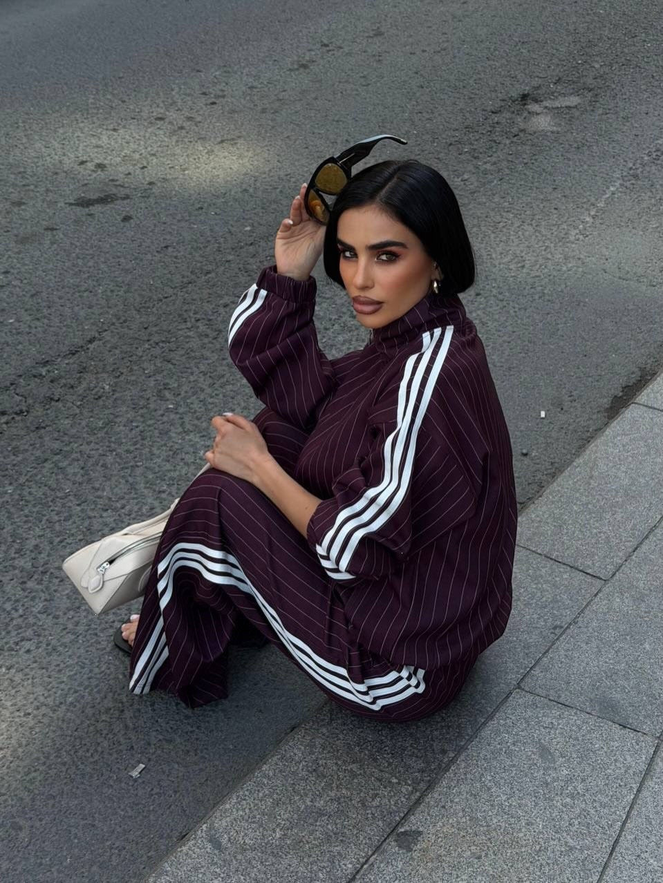 Women's Vertical Striped Three-Stripe Tracksuit Stand-up Collar Zip-up Jacket And High-waisted Wide-leg Trousers Two-piece Set