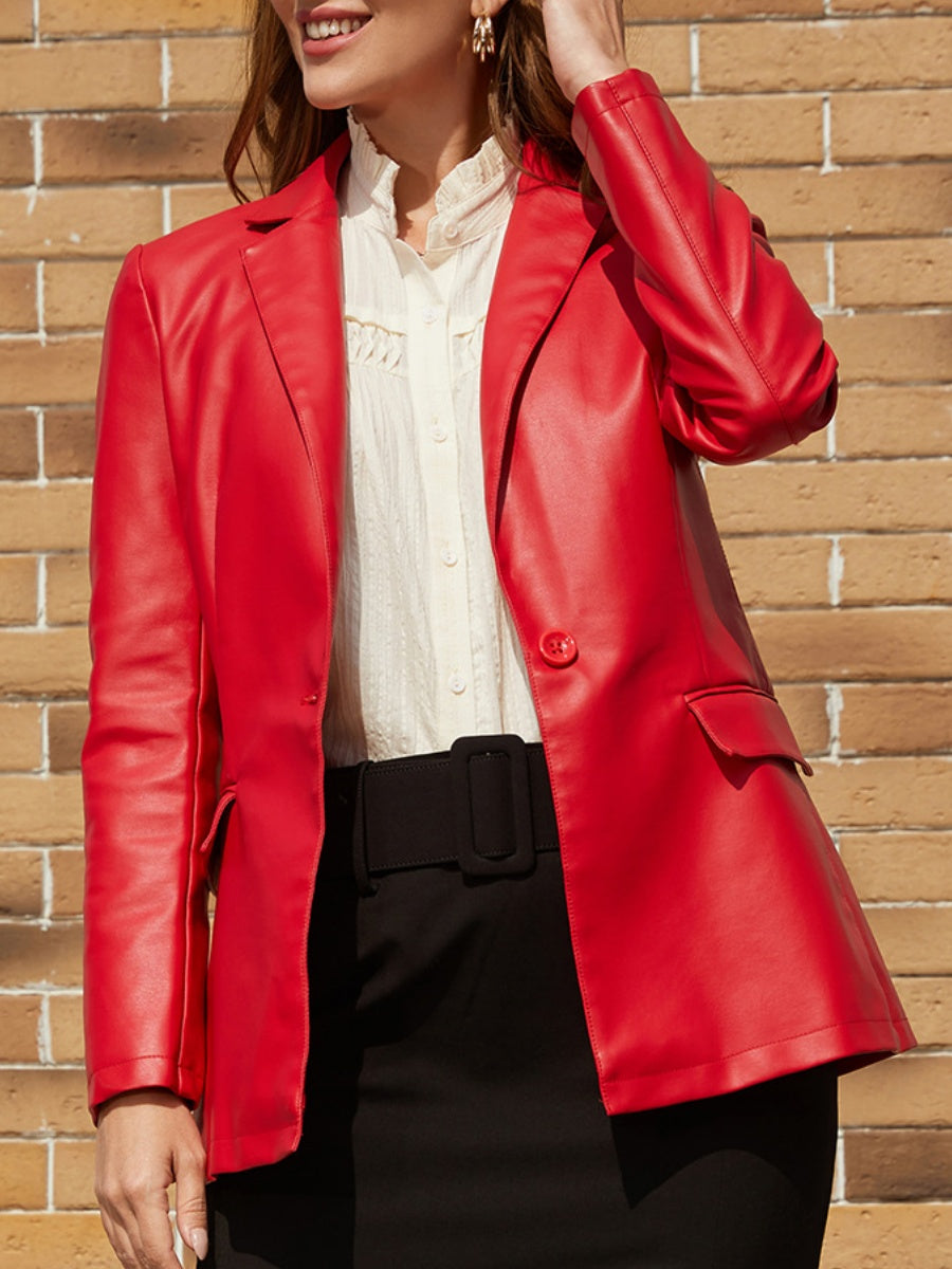 Single Button Pocket Solid Color Leather Jacket