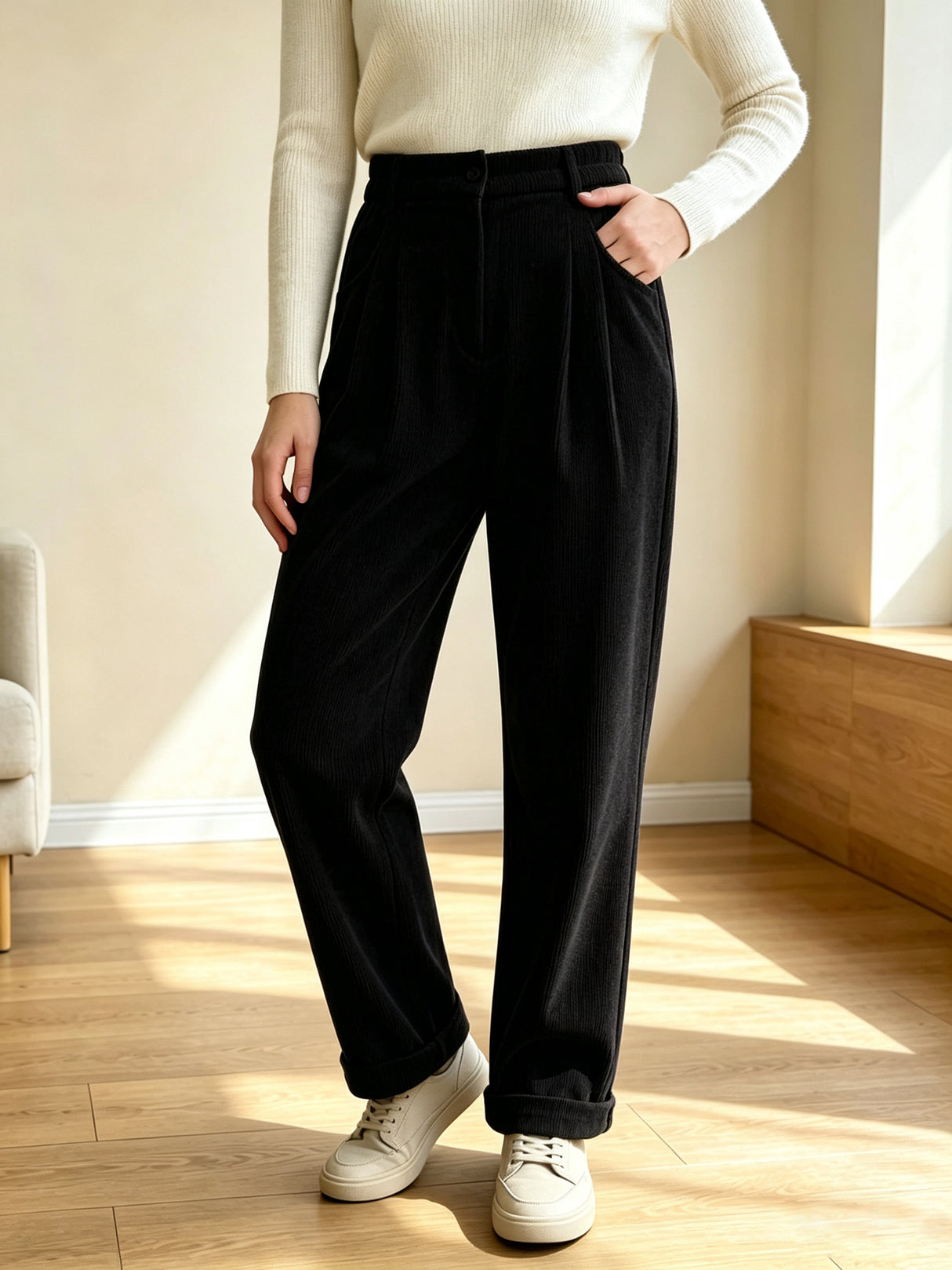 Retro-style Corduroy High-waisted Pocket Casual Trousers