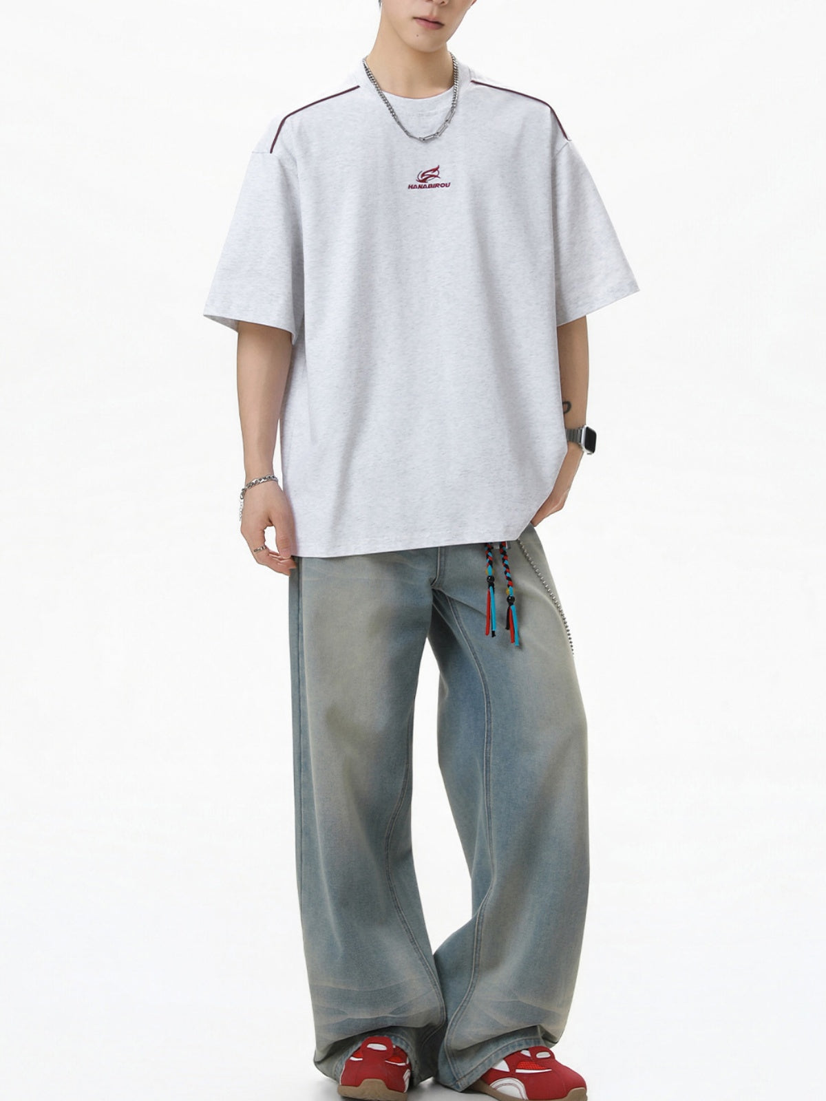 Reflective Strips Letter Applique Loose-fit Distressed T-shirts