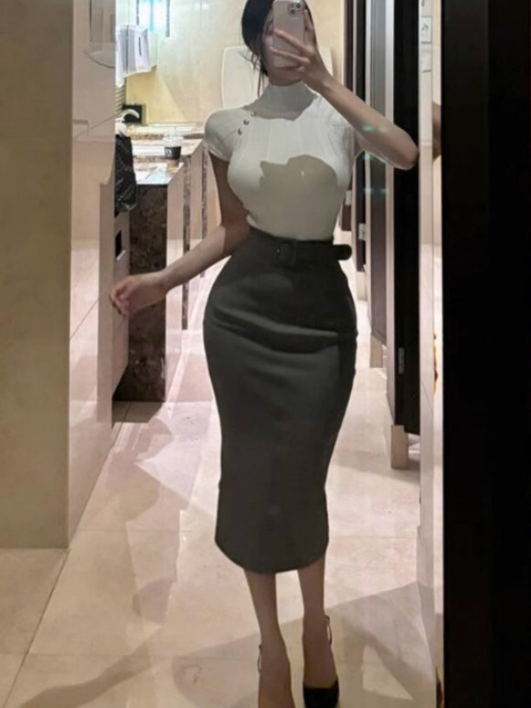 Stylish And Slimming High-waisted Belted Pencil Skirt