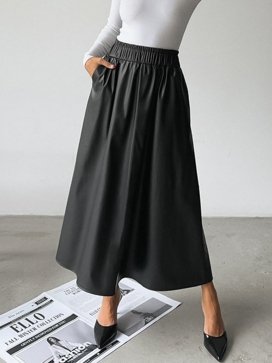 A-line skirt with full pockets Pu leather skirt