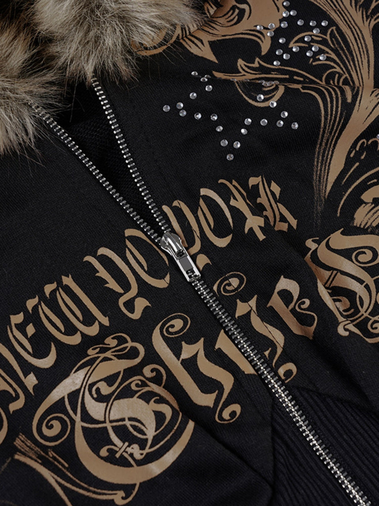 Printed Rhinestones Hoodies Plush Patchwork Waist Shaping Jackets